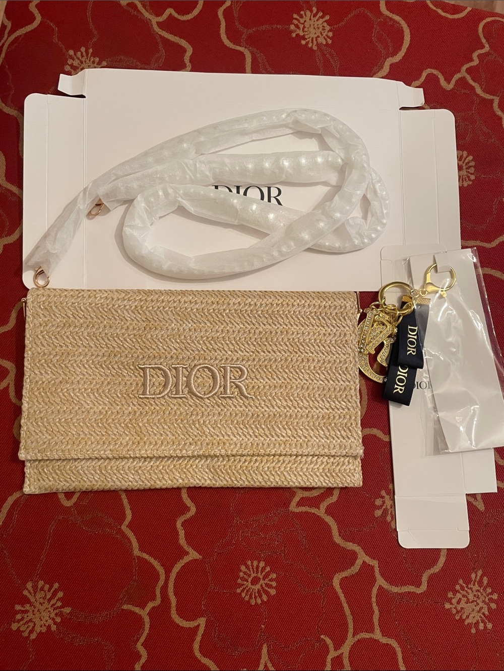 Dior Beige Straw Woven Clutch with Keychain